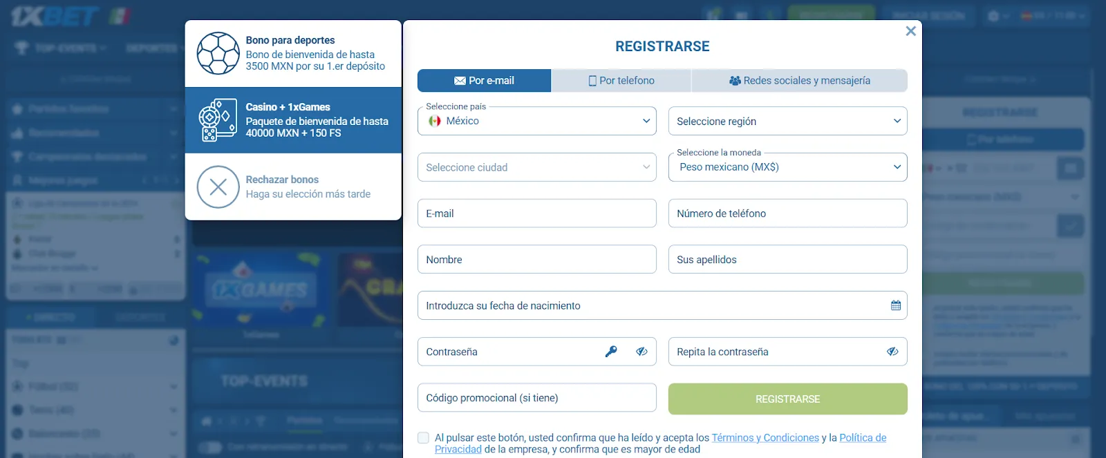 1xbet casino: formulario de registro - Bolavip MX