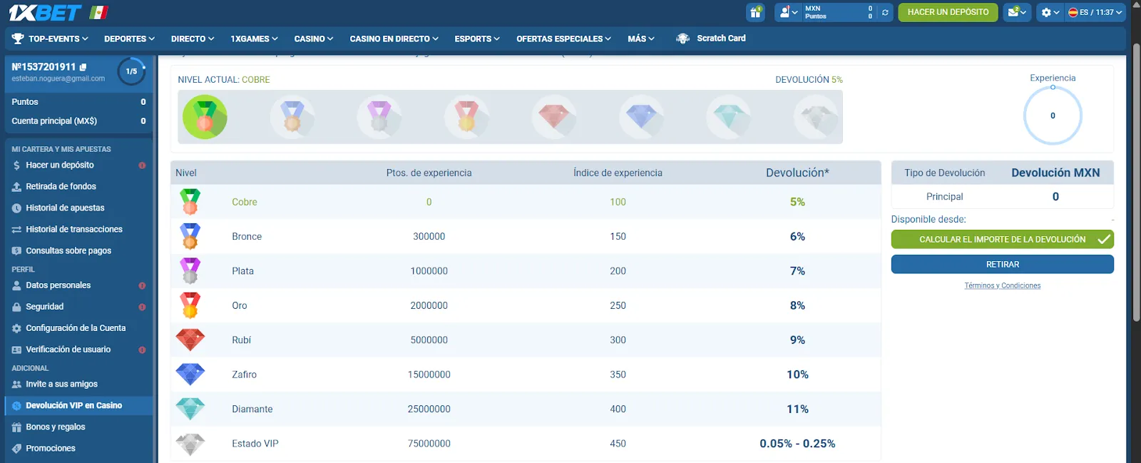 1xbet casino: bono devolución VIP - Bolavip MX