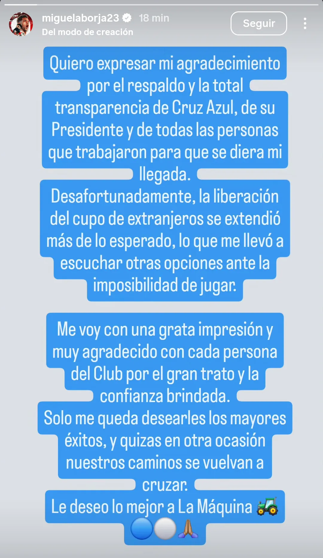 El mensaje de Miguel Borja en su cuenta de Instagram. [Foto: Captura]