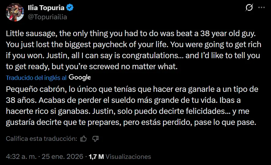Ilia Topuria se expresó en redes sociales tras la victoria de Justin Gaethje sobre Paddy Pimblett. (CAPTURA DE PANTALLA)