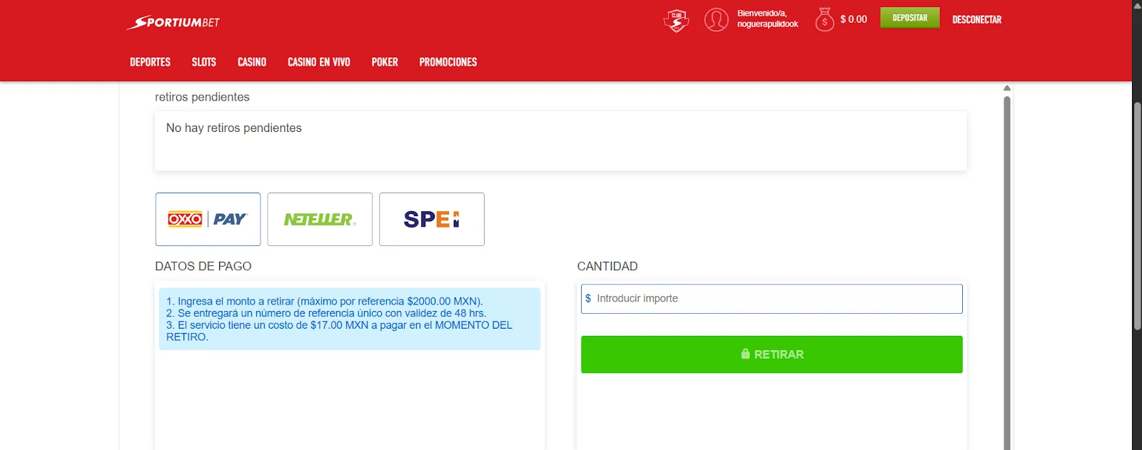 cómo retirar en Sportiumbet - paso a paso - bolavip mx