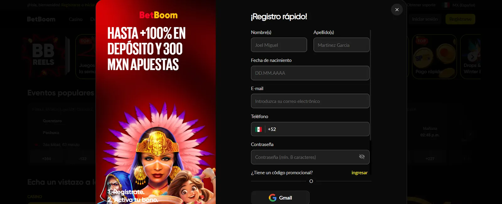 Formulario de registro del Betboom casino