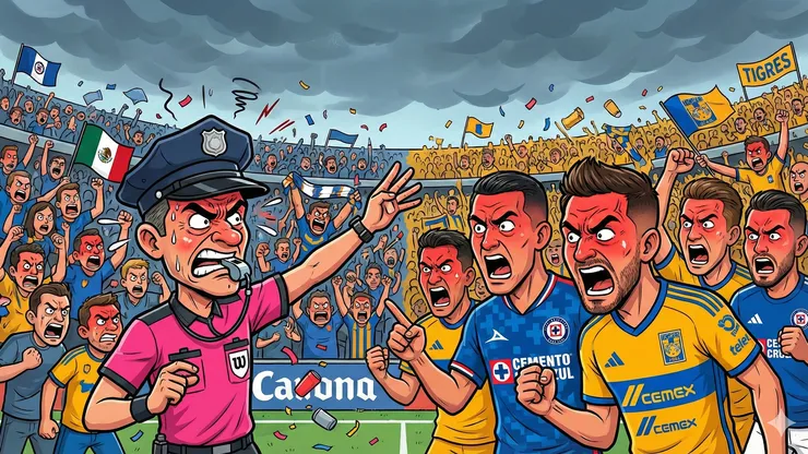 El cuarto árbitro de Cruz Azul vs. Tigres UANL discutió con los jugadores en pleno juego