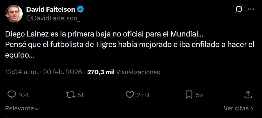 David Faitelson nombró a Diego Lainez como el primer ausente confirmado de México para el Mundial. (X)