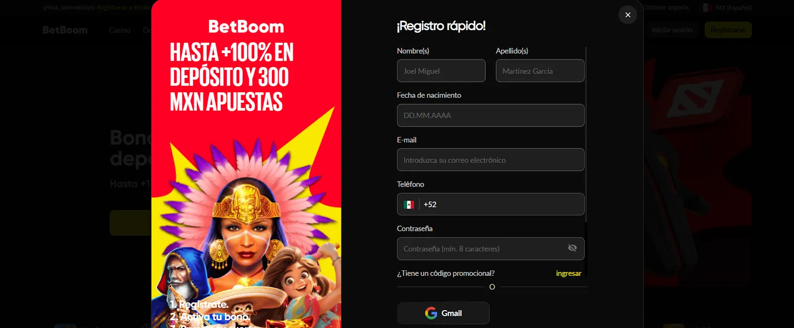 Betboom bono en el formulario de registro - bolavip MX