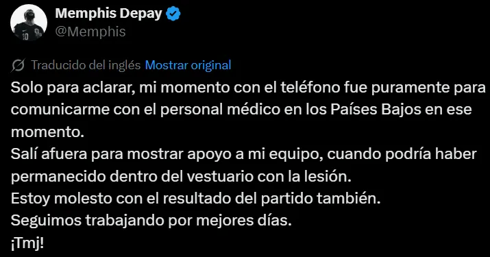 El comunicado de Memphis Depay en X (Foto: captura de pantalla)