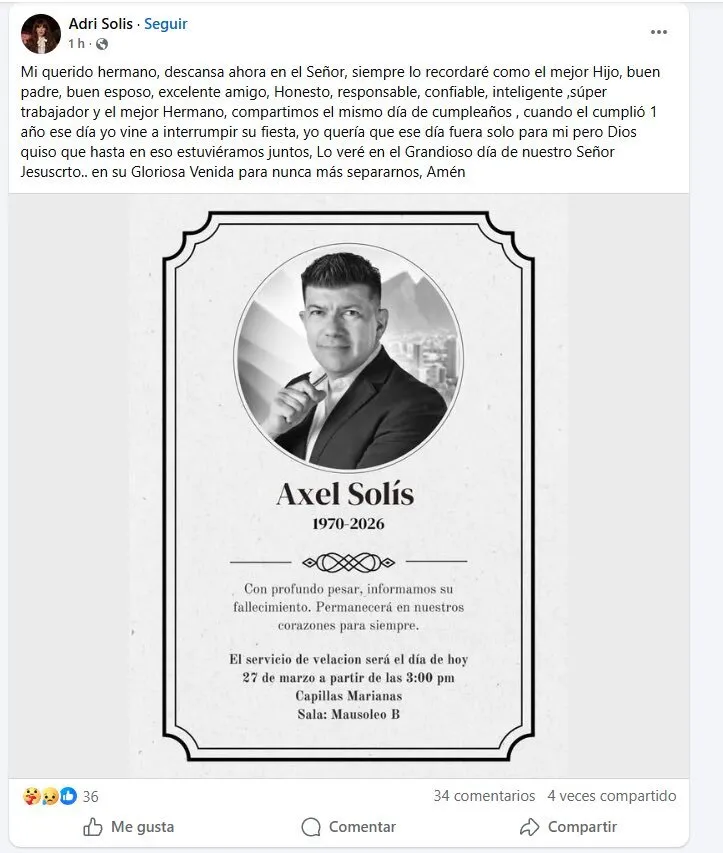 La hermana de Axel compartió la triste noticia en Facebook. (CAPTURA DE PANTALLA)