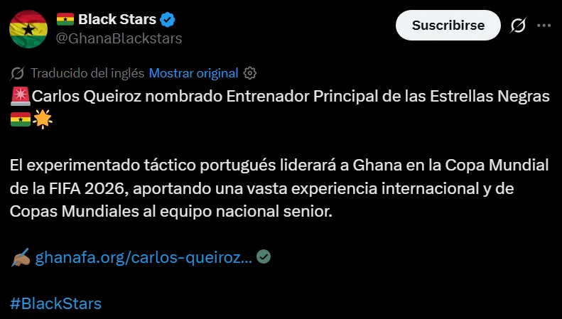El comunicado de la Selección de Ghana sobre Carlos Queiroz (@GhanaBlackstars)