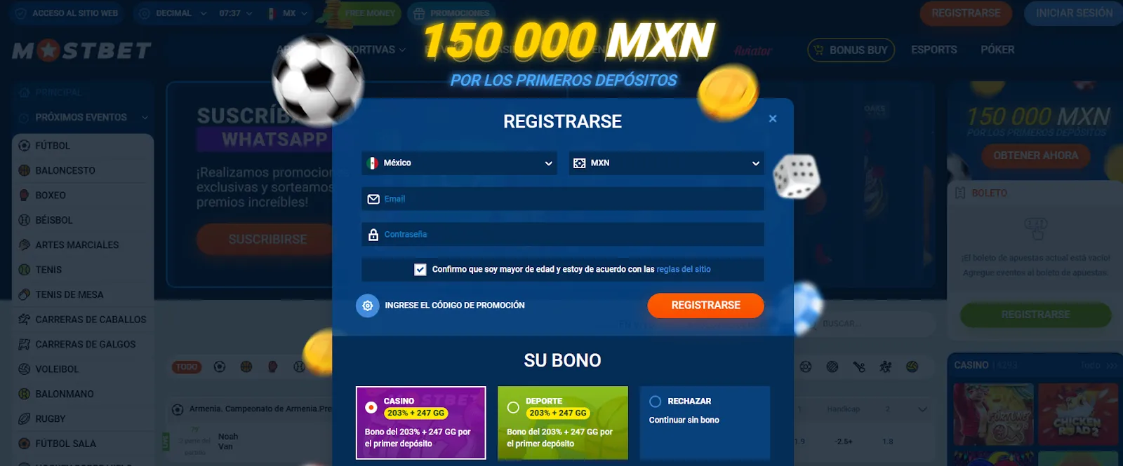 Formulario de registro del Mostbet casino 