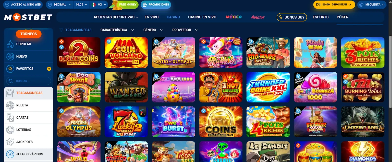Juegos disponibles en el casino Mostbet