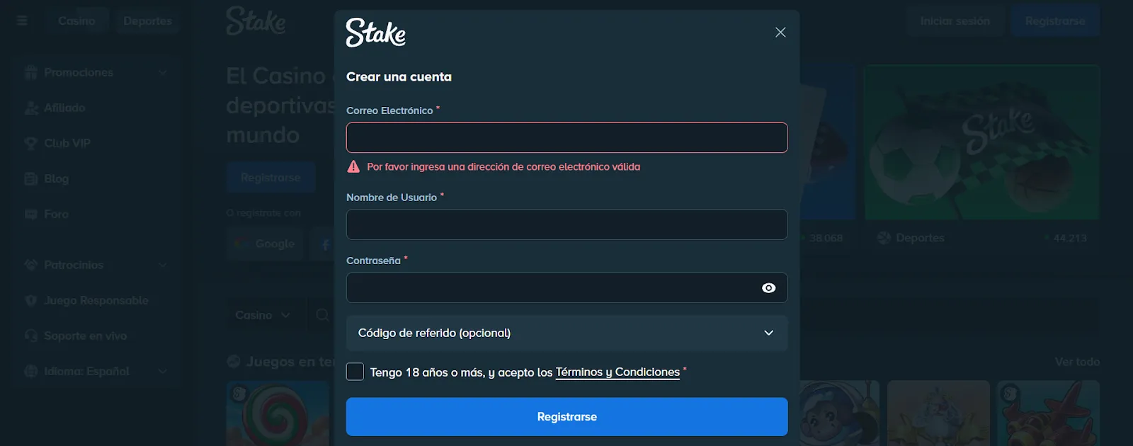 Formulario de registro del Stake casino