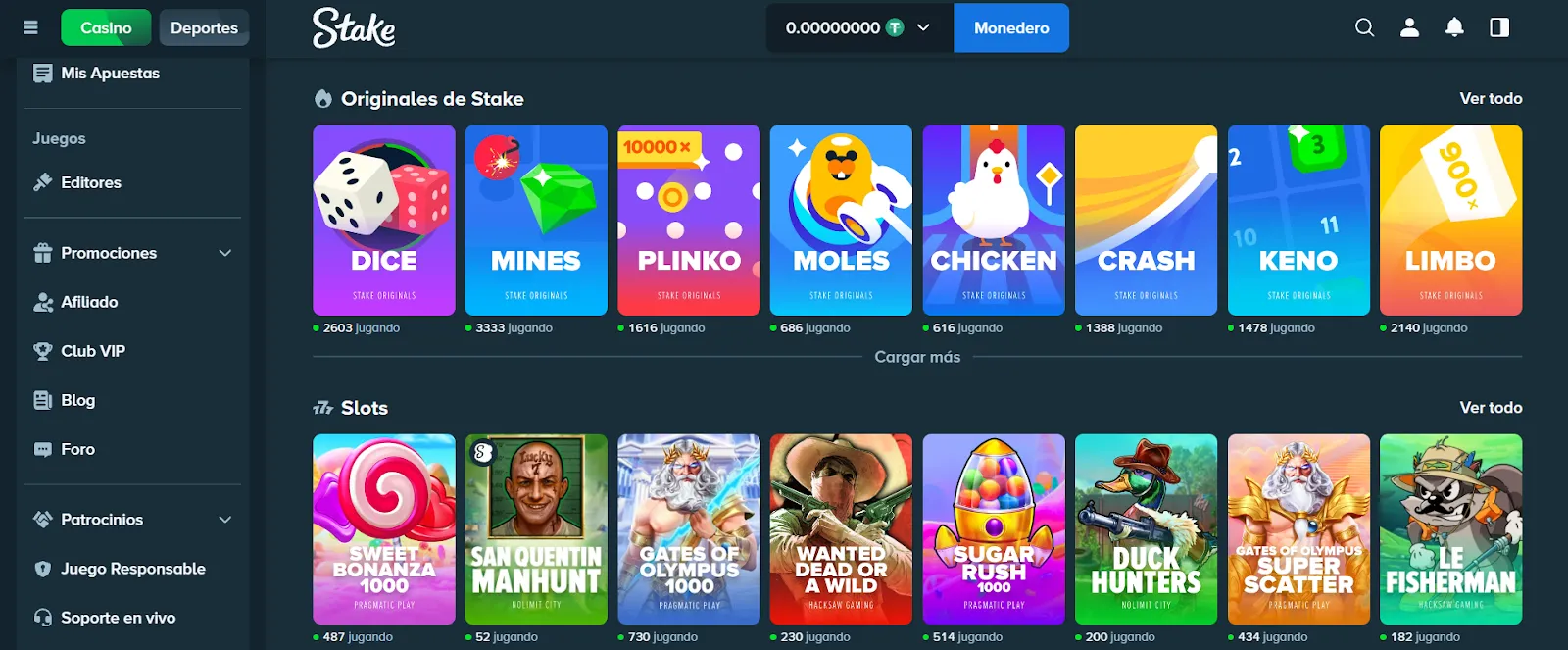 Juegos disponibles en el Stake casino 