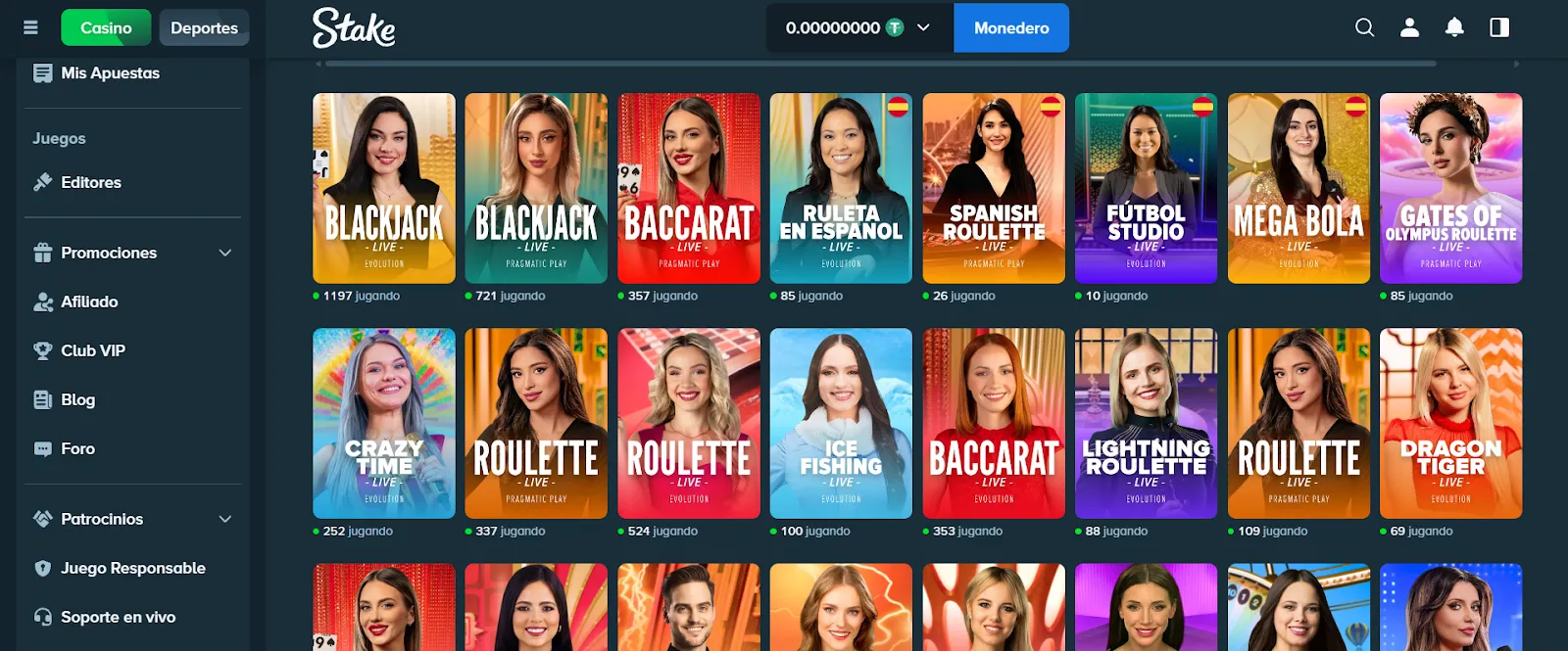 Jegos disponibles en el Stake casino en vivo