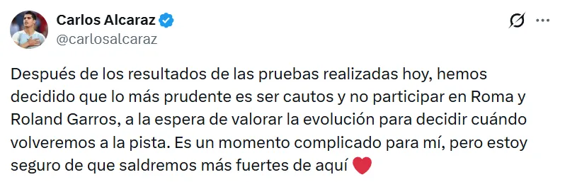 El comunicado de Carlos Alcaraz (@carlosalcaraz)