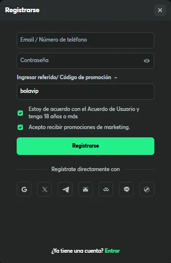 Formulario de registro BC.Game casino - bolavip MX