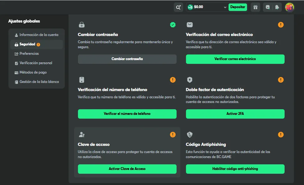 Seguridad y ajsutes de BC.Game casino - bolavip MX