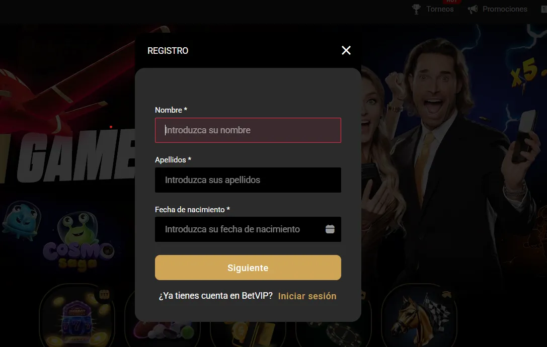 Formulario de registro al BetVIP casino