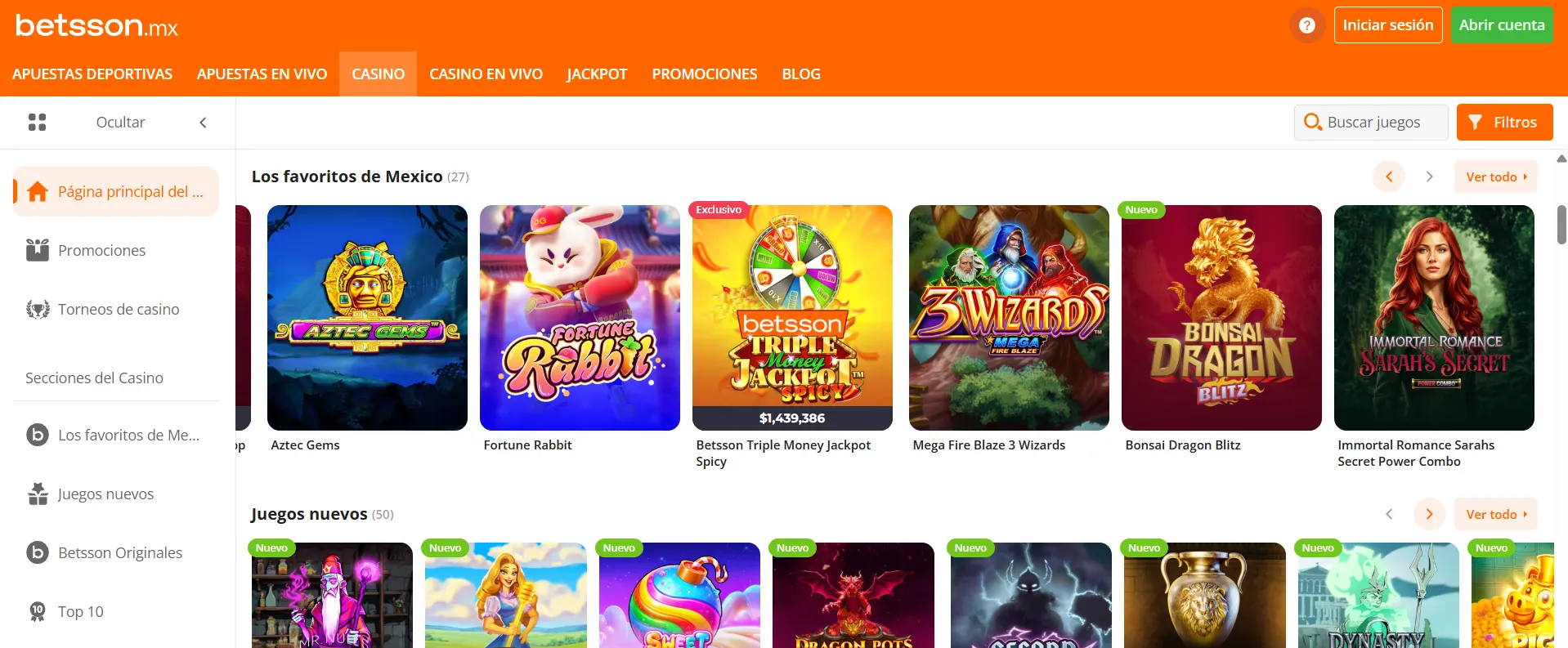 Juegos disponibles en el Betsson casino