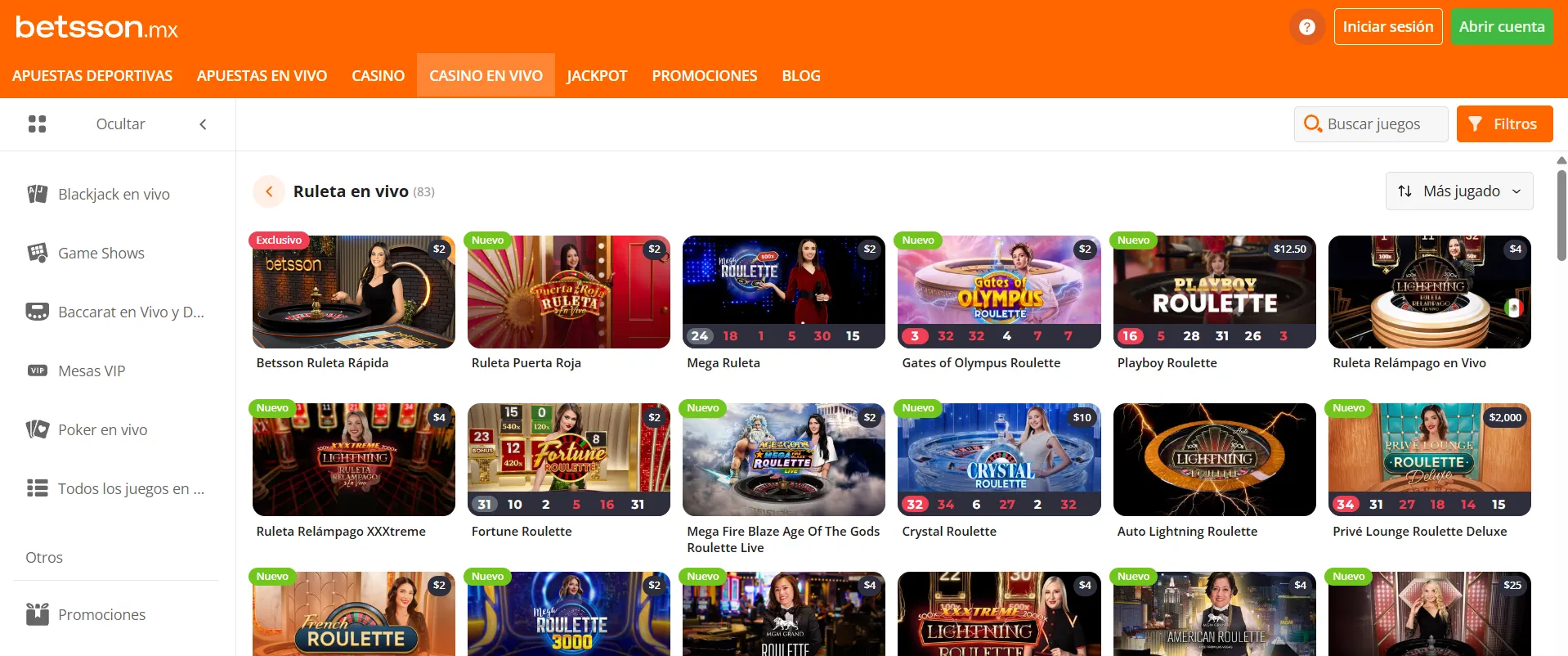 Betsson MX ruleta