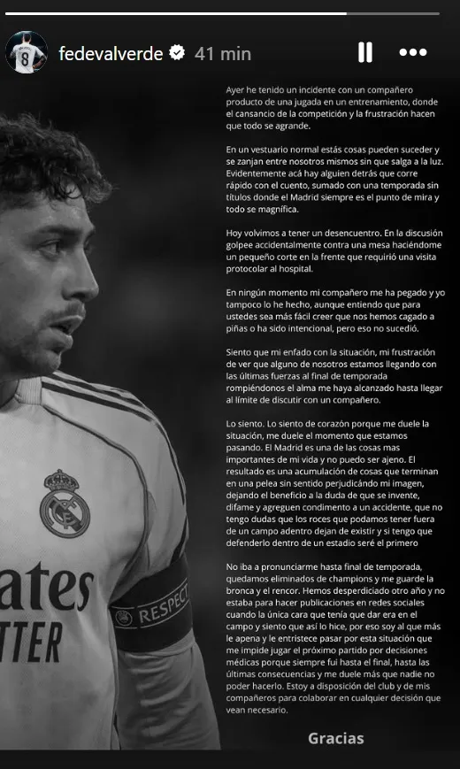 Federico Valverde se expresó en su cuenta personal. [Foto: @fedevalverde]