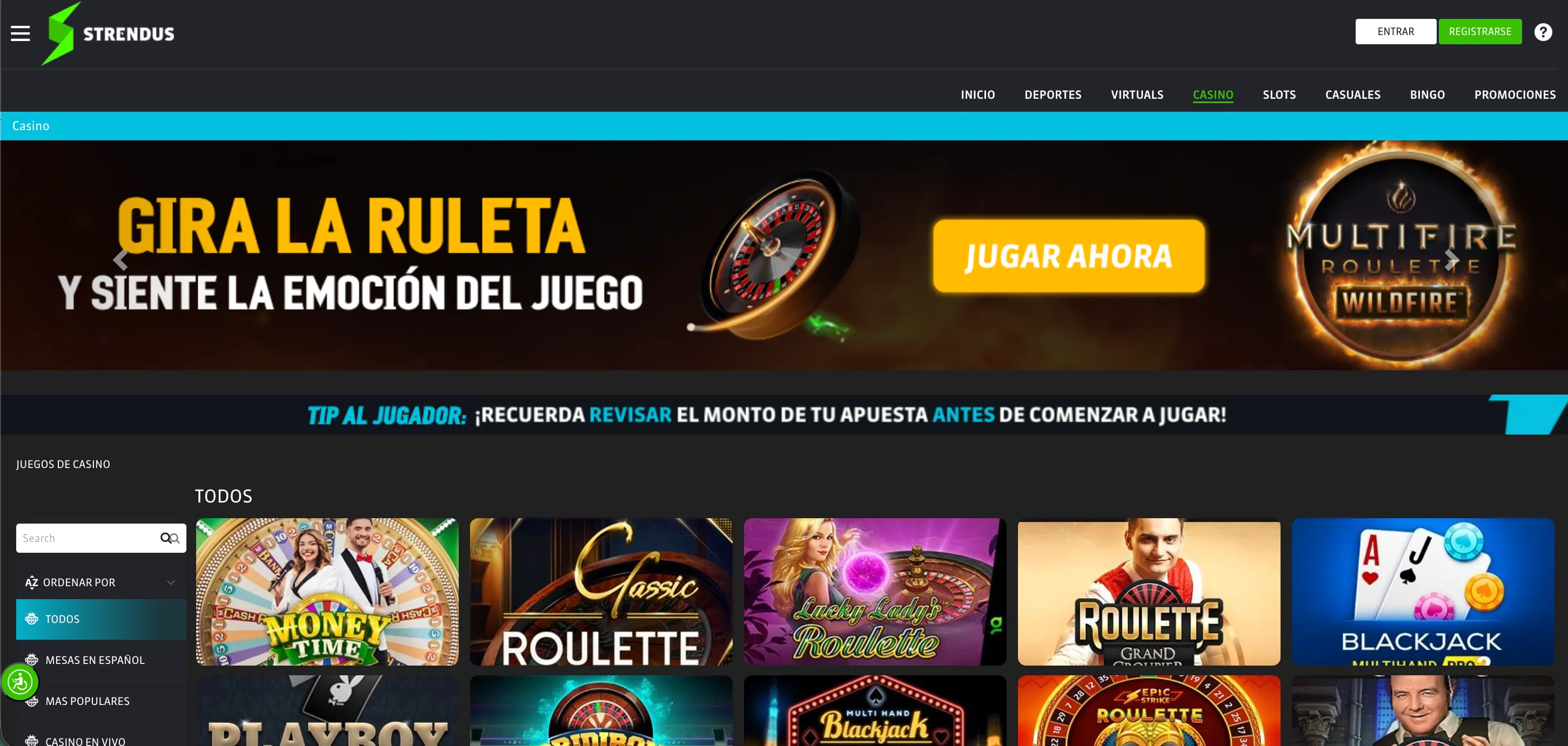 Panralla de inicio y juegos del strendus casino - bolavip MX