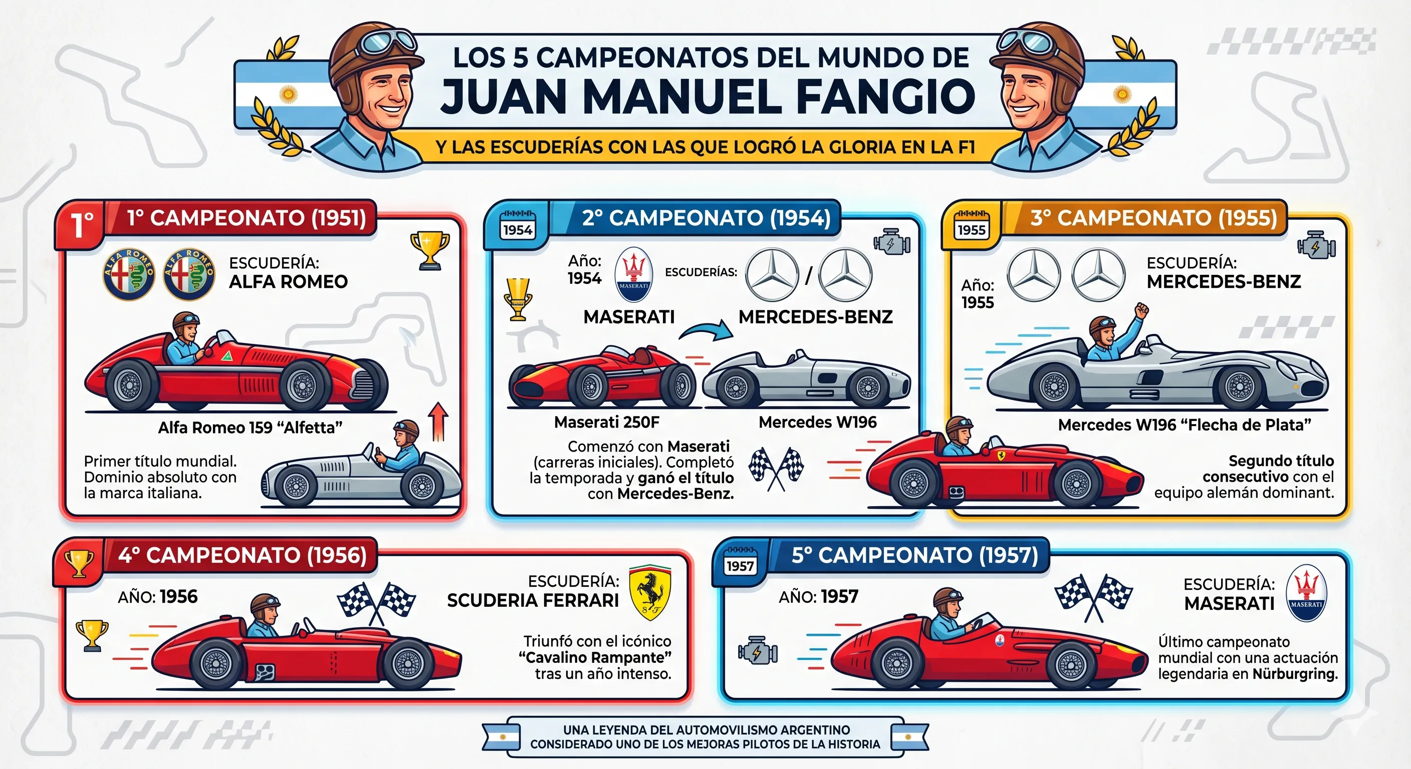 Infografía de los logros de Juan Manuel Fangio en la F1 (Google Gemini)