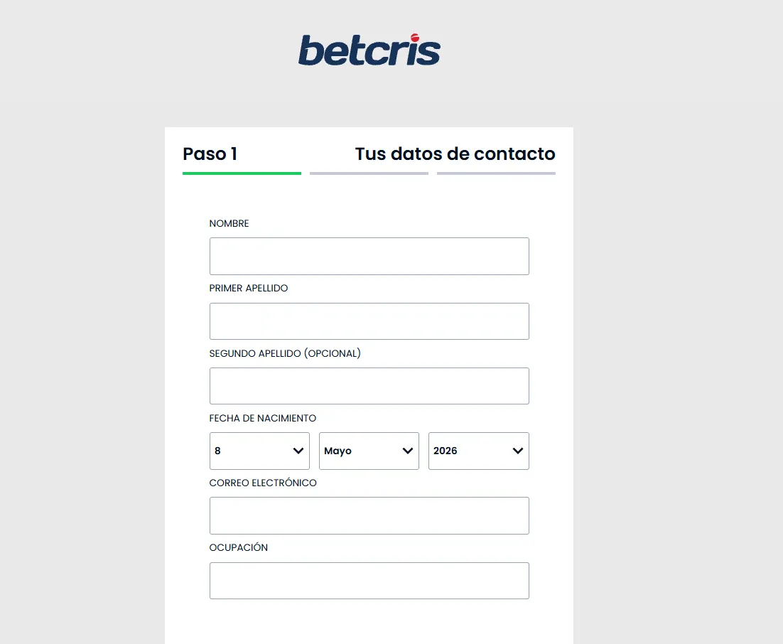 Formulario de registro del Betcris casino