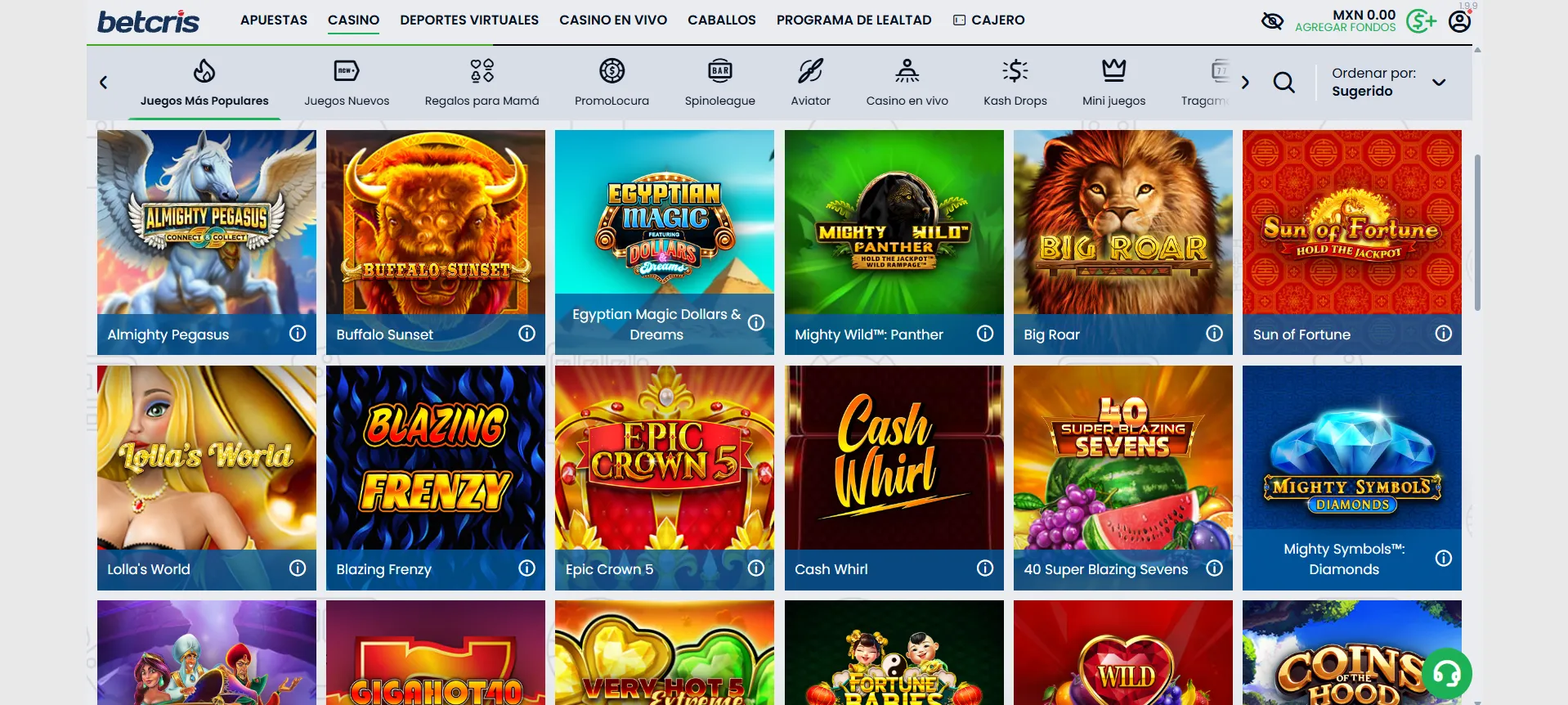 Juegos disponibles en el Betcris casino