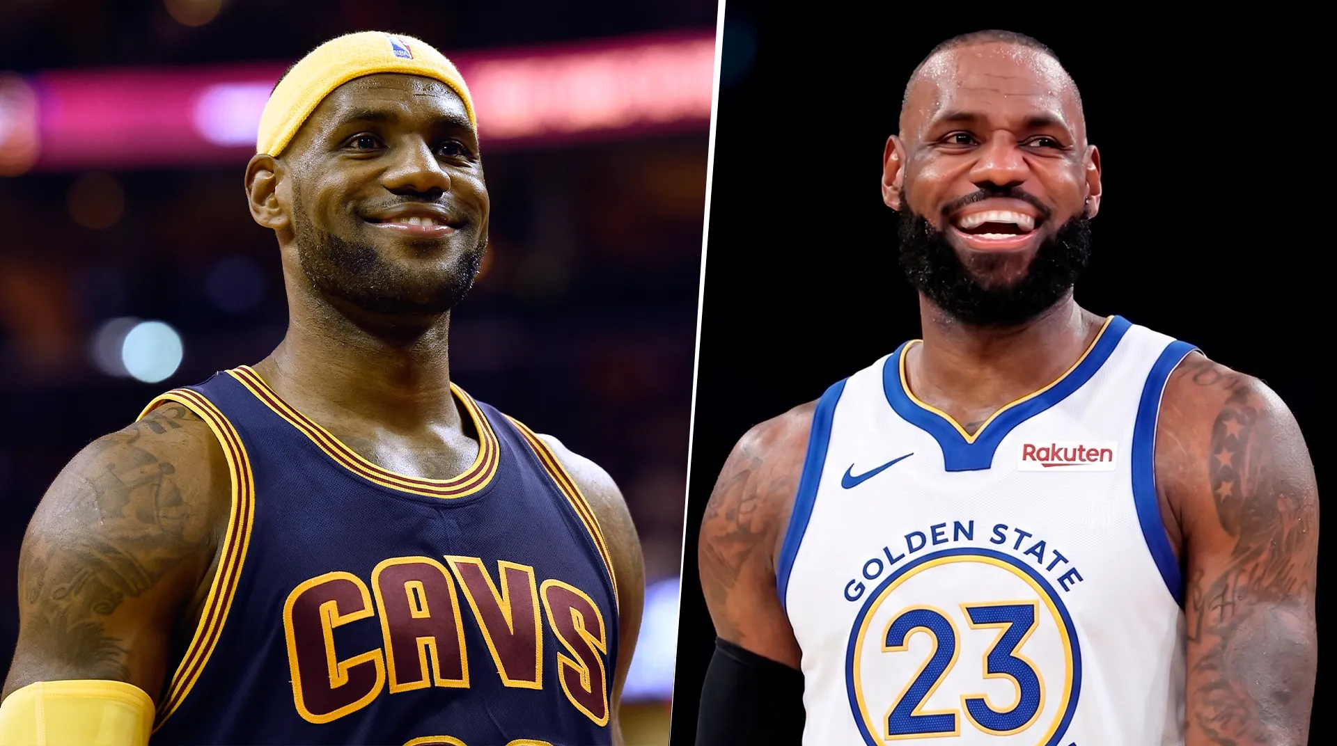 LeBron James con los jerseys de Cavaliers y Warriors (Getty Images/Google Gemini)
