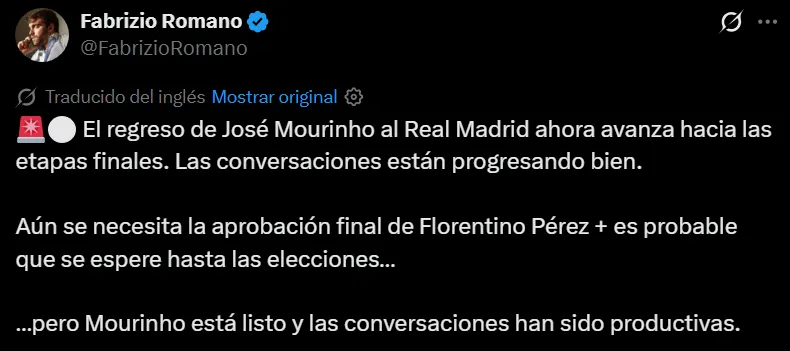 La información de Fabrizio Romano sobre el fichaje de José Mourinho por Real Madrid (Captura de X)