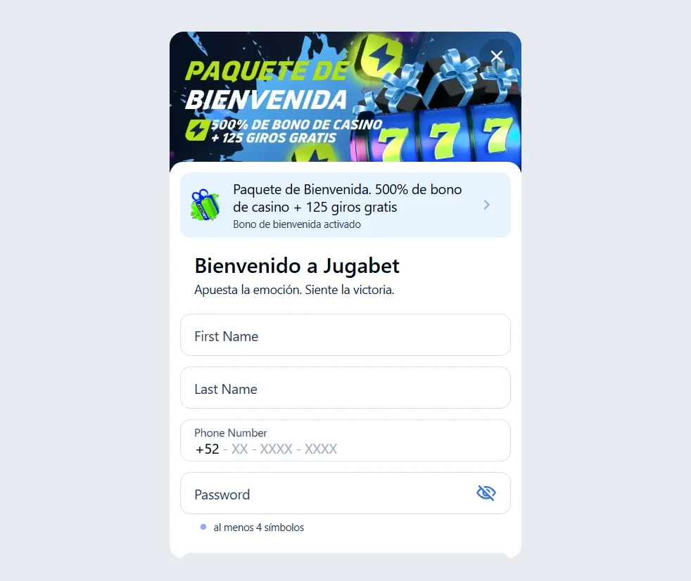 Jugabet casino formulario de registro