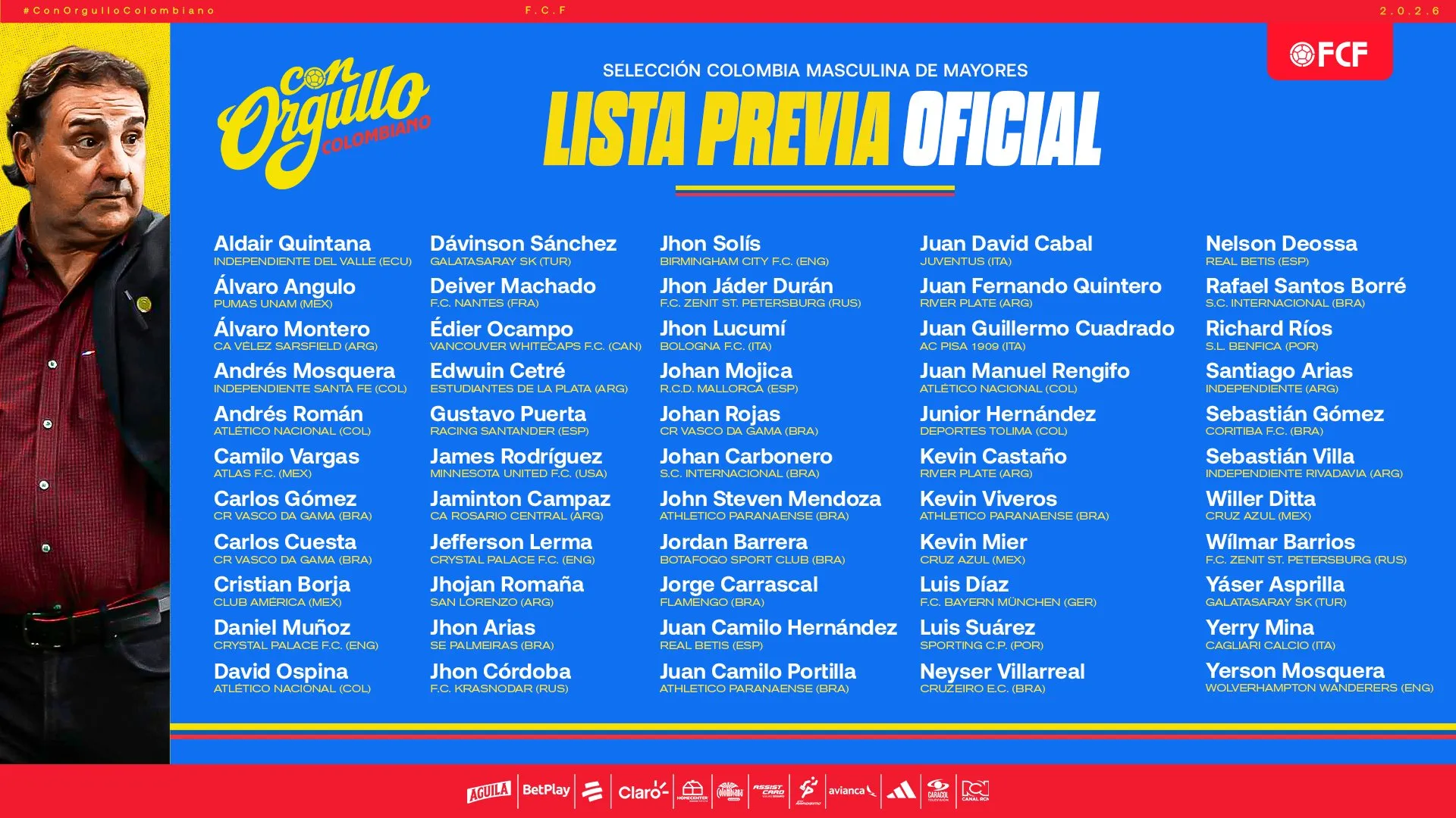 La pre-lista de la Selección Colombia (Foto: @FCFSeleccionCol)