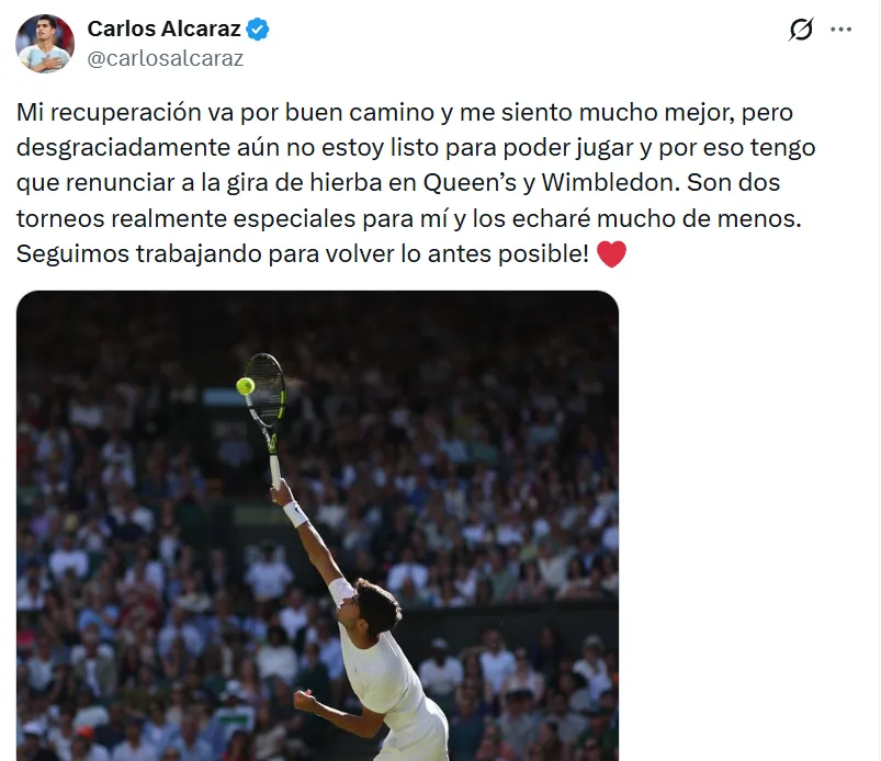 El anuncio de Carlos Alcaraz en sus redes sociales (X)