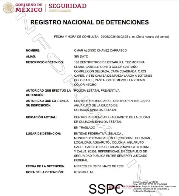 La ficha de la detención de Omar Chávez. (X)