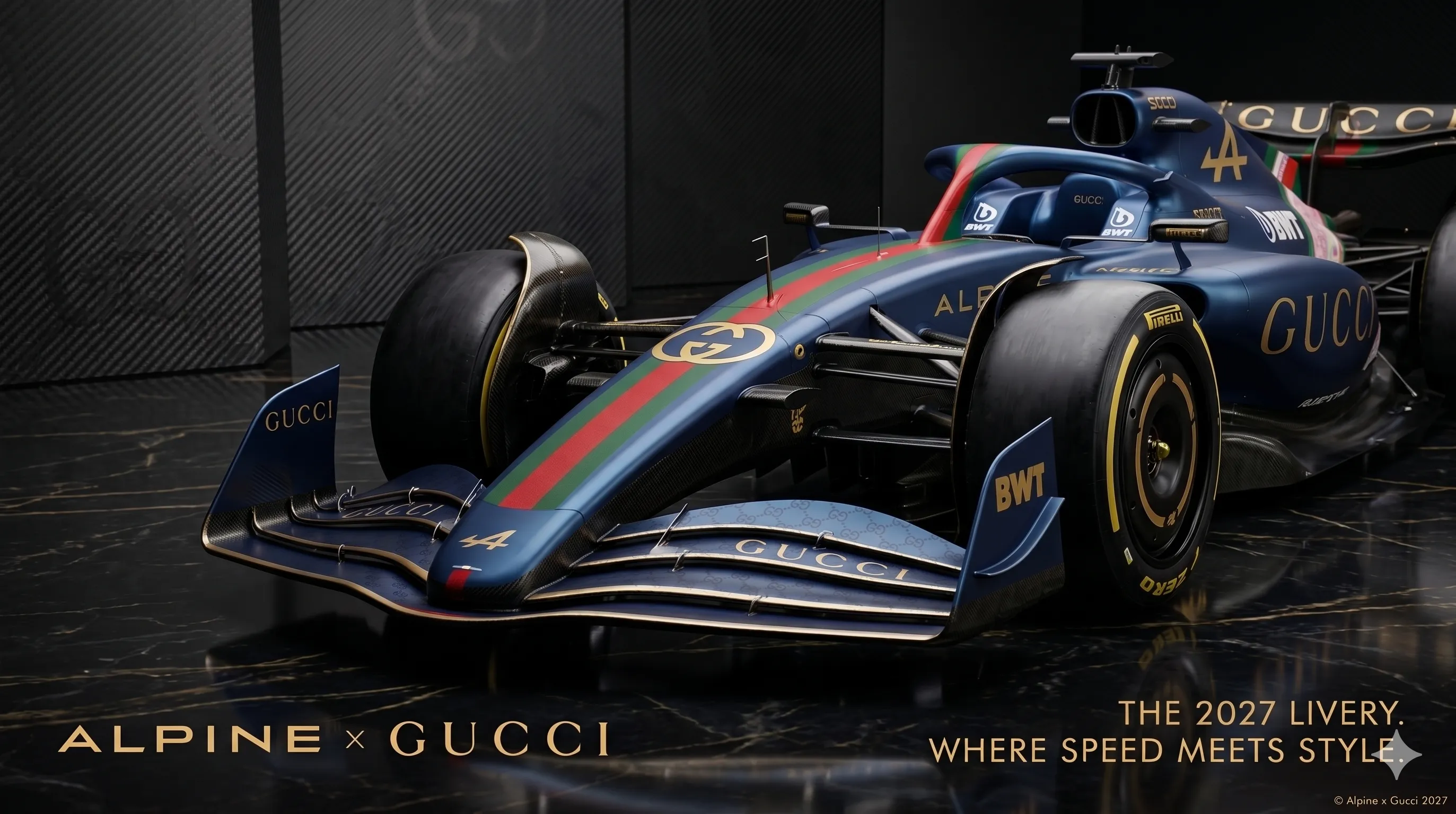Así será el livery de Gucci Racing Alpine según la IA (Foto: Google Gemini)