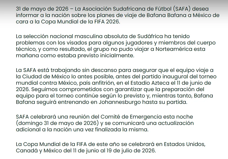 El comunicado de Sudáfrica en su sitio oficial. [Foto: safa.net]