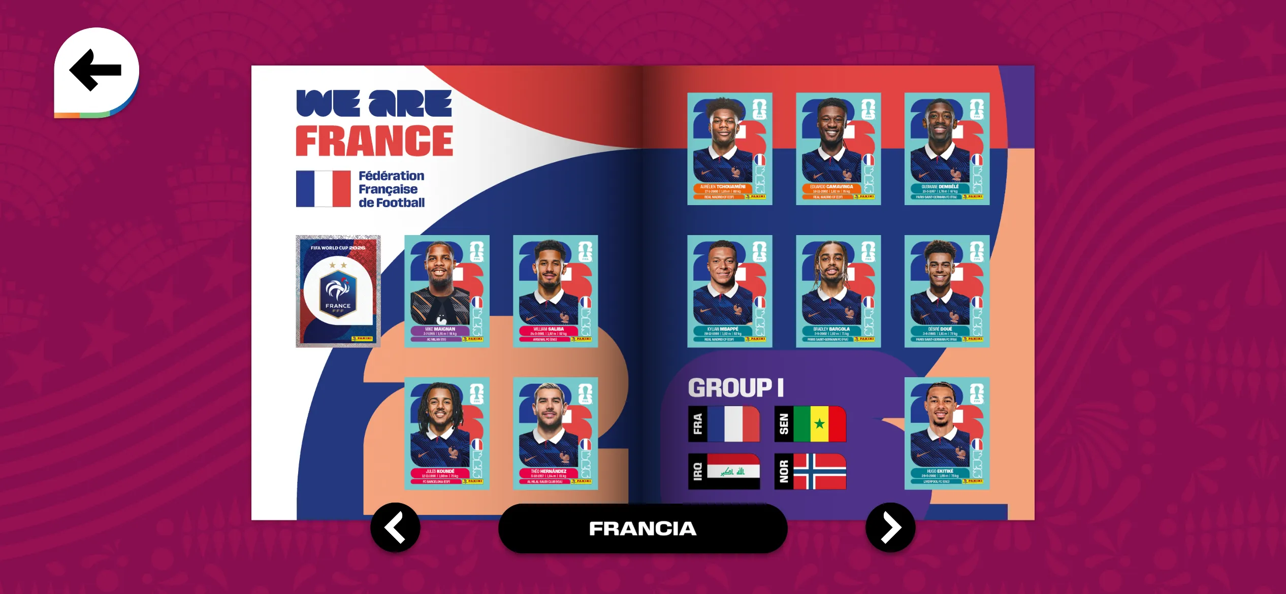 Página de Francia en el Álbum virtual Panini del Mundial 2026 (Foto propia)