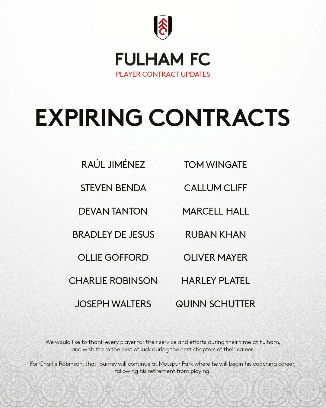Fulham reveló a los jugadores que se les termina el contrato y no renovarán. [Foto: @FulhamFC]
