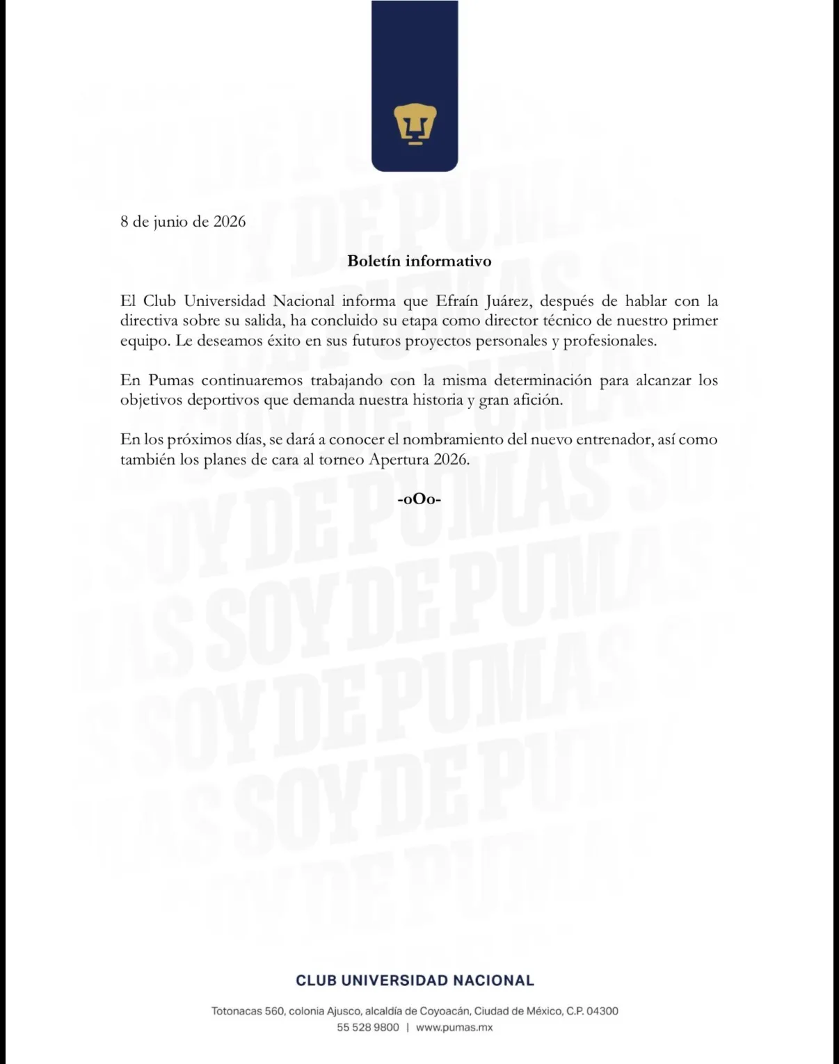 Pumas confirma la salida de Efraín Juárez (@PumasMX)