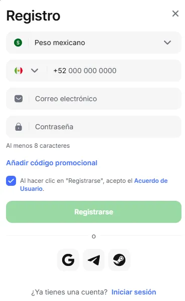 Formulario de registro con el codigo promocional 1Win