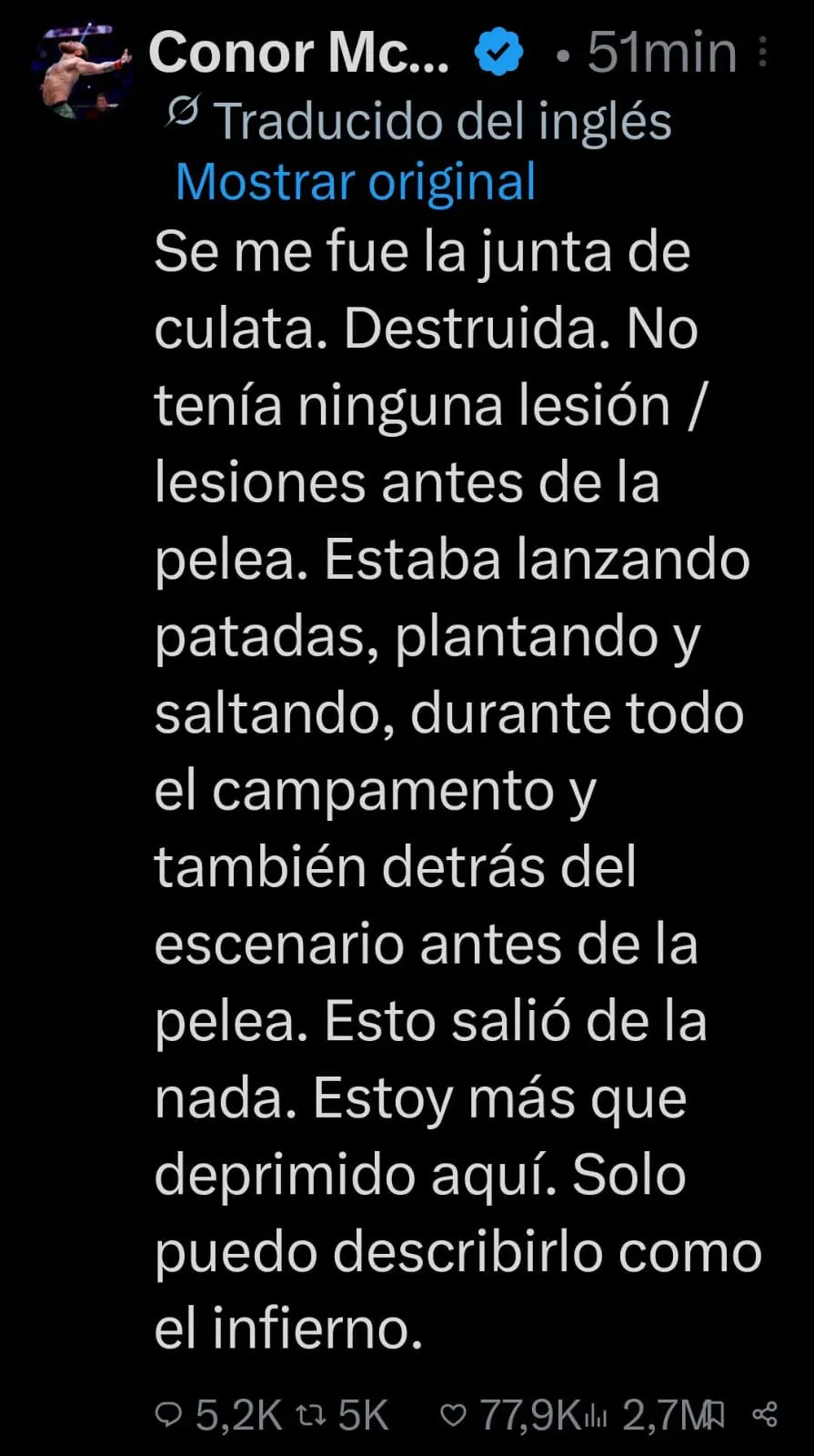 El mensaje de Conor McGregor en redes sociales. (CAPTURA DE PANTALLA)