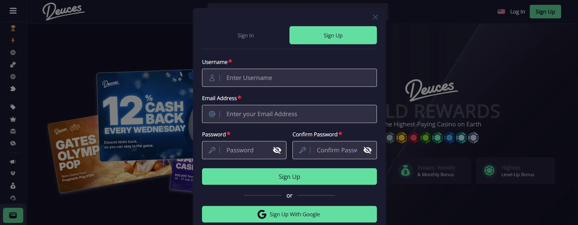 Registro con el código promocional Deuces