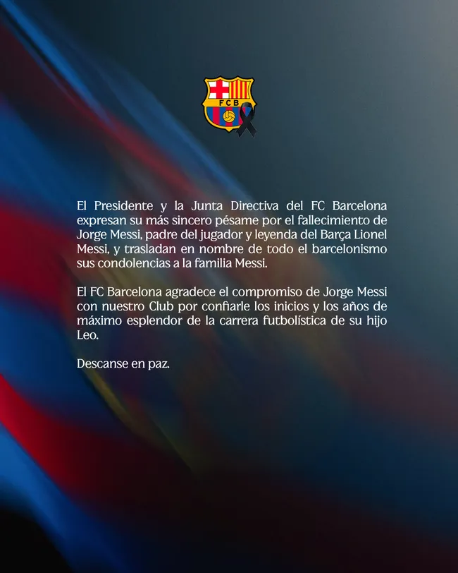 El comunicado que publicó Barcelona por la muerte de Jorge Messi (@FCBarcelona_es)