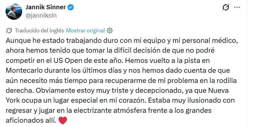 El comunicado de Jannik Sinner (@janniksin)