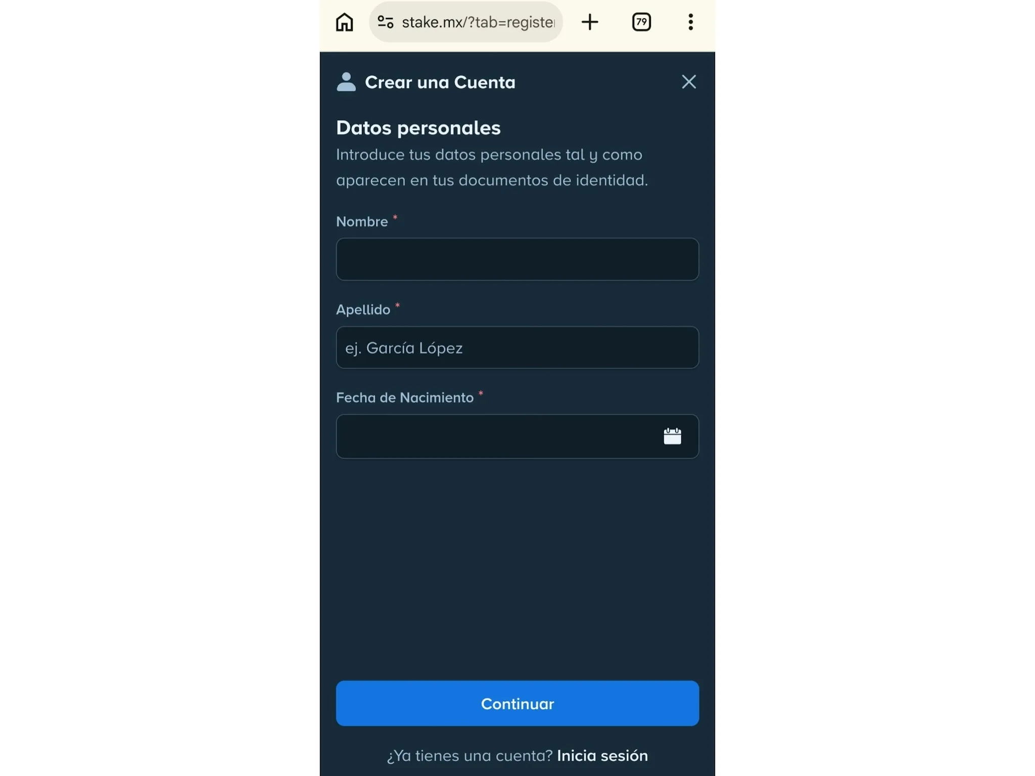 Formulario para completar el Stake registro México