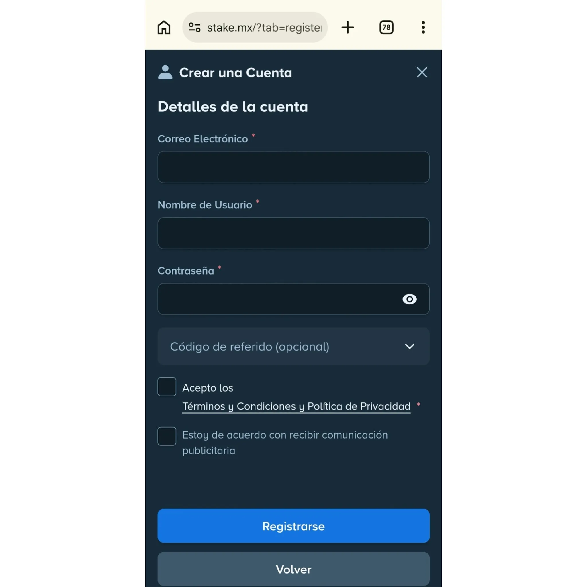Stake registro México para incluir el código de referido Stake