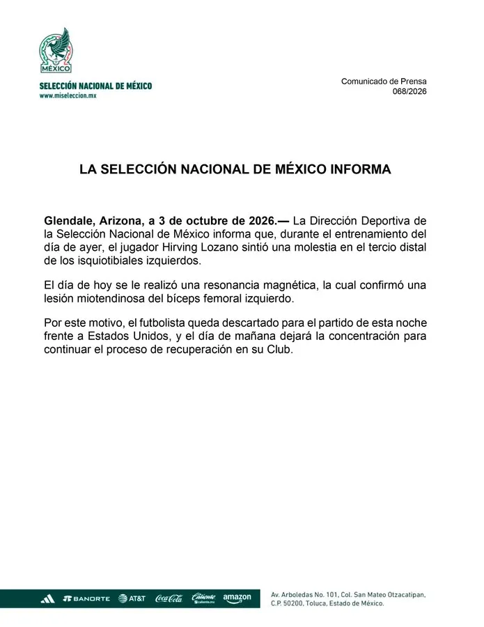 El comunicado oficial de la Selección Mexicana sobre Chucky Lozano. (X)