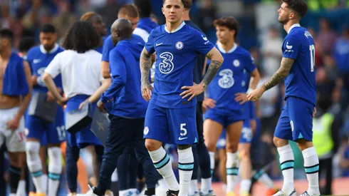 LONDON, ENGLAND - MAY 28: Enzo Fernandez of Chelsea acknowledges the fans after the draw during the Premier League match between Chelsea FC and Newcastle United at Stamford Bridge on May 28, 2023 in London, England. (Photo by Alex Davidson/Getty Images)
