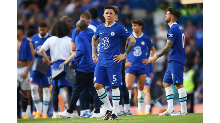 LONDON, ENGLAND - MAY 28: Enzo Fernandez of Chelsea acknowledges the fans after the draw during the Premier League match between Chelsea FC and Newcastle United at Stamford Bridge on May 28, 2023 in London, England. (Photo by Alex Davidson/Getty Images)