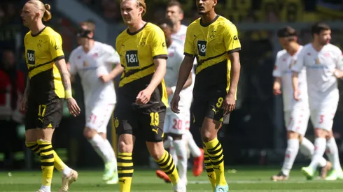DORTMUND, GERMANY - MAY 27: Sebastien Haller of Borussia Dortmund reacts after Andreas Hanche-Olsen of 1.FSV Mainz 05 (not pictured) scored their sides first goal during the Bundesliga match between Borussia Dortmund and 1. FSV Mainz 05 at Signal Iduna Park on May 27, 2023 in Dortmund, Germany. (Photo by Alex Grimm/Getty Images)